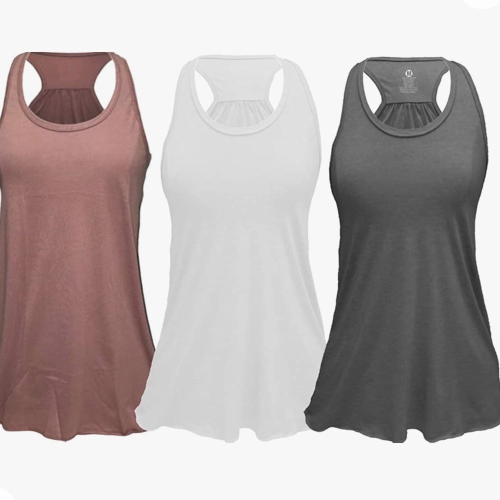 3 Flowy racer back tank top in mauve, white and gray